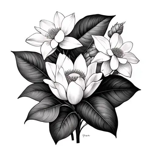 Lillie's, lotus, daffodil, and heart shaped philodendron  tattoo design idea