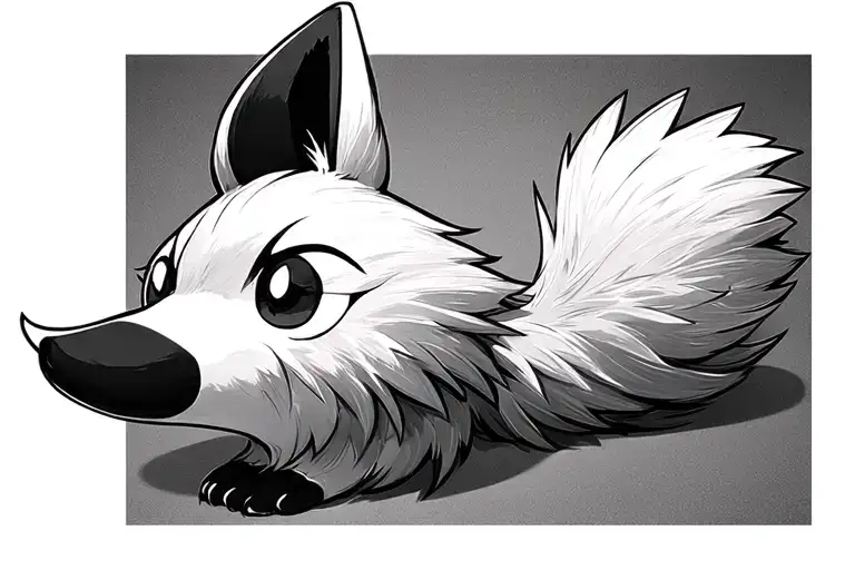 A detailed tattoo of a small Riolu's tail with short, plush fur. It starts narrow and widens out as it moves left. tattoo design idea