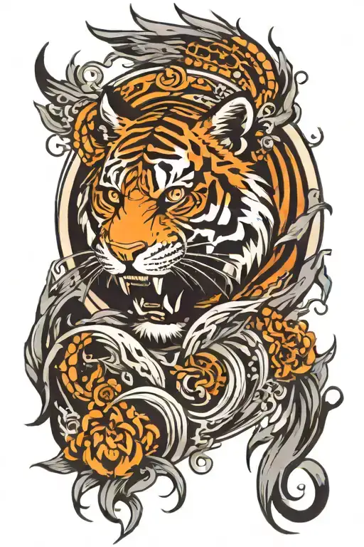 Phoenix rising from ashes with a tiger head above  tattoo design idea