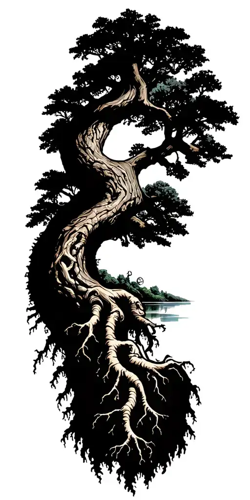 Irish tree of life with roots growing into a lake tattoo design idea