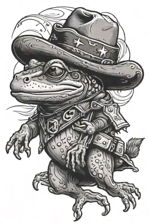 A frog wearing a cowboy hat and riding a dog as a horse.  tattoo design idea