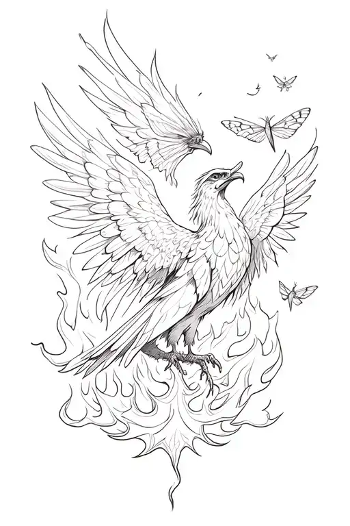 phoenix rising from flames with large moths flying around its head tattoo design idea