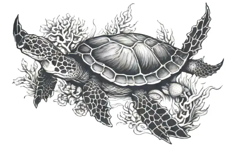 sea turtle, octopus, treasure chest, shark, coral reef tattoo design idea