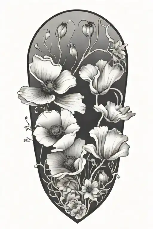 abstract design poppies, anemones, human heart tattoo design idea