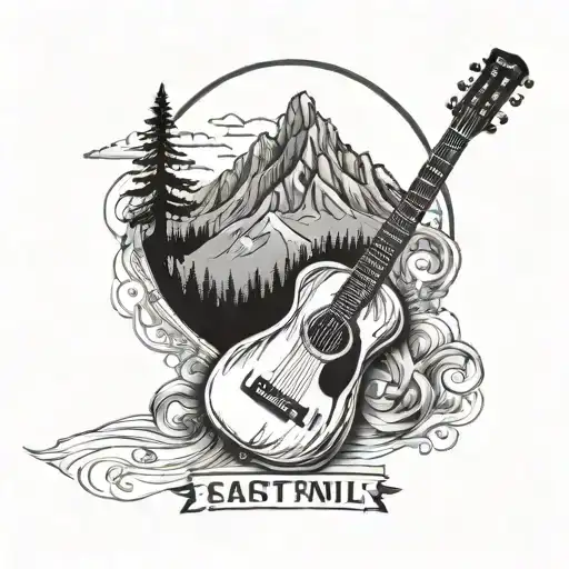 Create a side arm band tattoo showing mountains, guitar, music, travel lover, laptop, earphones, health is wealth, famil tattoo design idea