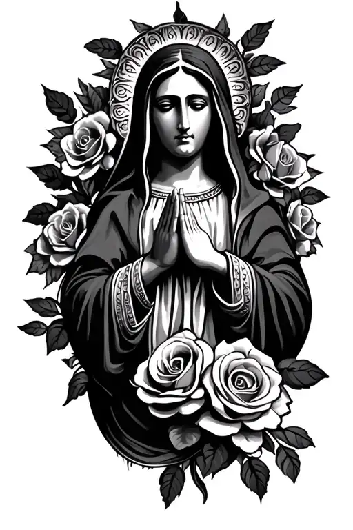 Our Lady of Guadalupe with roses and praying hands tattoo design idea