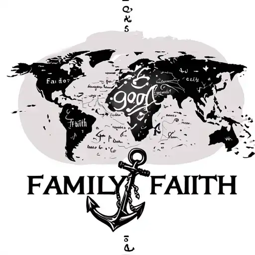 map with compas and anchor, along with words god, family, faith tattoo design idea