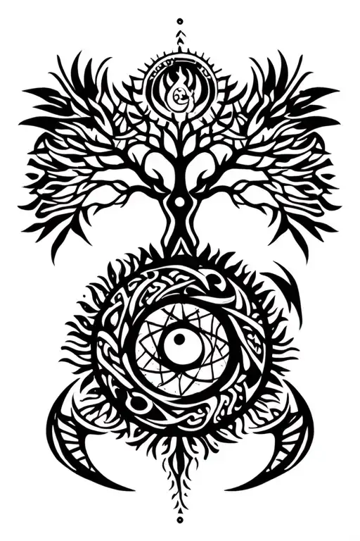 tribal design including army elements, tree of life, dna strand, goddess sun and moon in cente, dragon, hawaiian islands tattoo design idea
