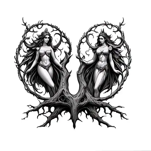Craft a Yggdrasil tattoo design with Goddess Hel on the right and Goddess Freya on the left, each standing on opposite s tattoo design idea