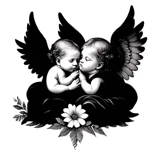3 baby angels hear no speak no see and flowers  tattoo design idea