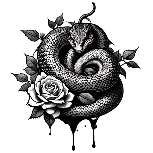 Show me and american traditional tattoo on my arm of a snake climbing up a thorny rose bush with snake blood dripping do tattoo design idea