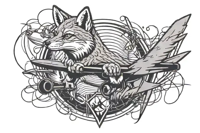 high security fence, airplane, lightning storm and fox animal holding piece of eletric cord tattoo design idea