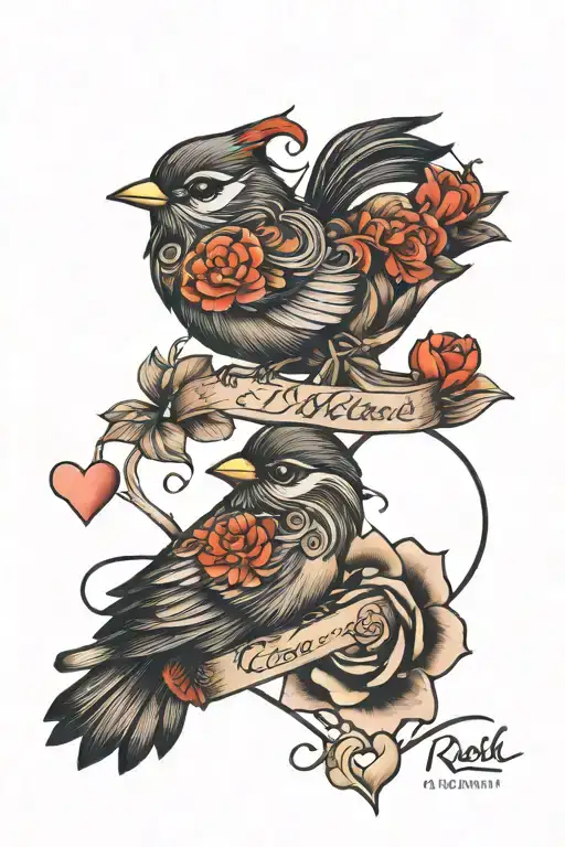1 little bird then 1 single line making 3 hearts with first names Rafael, Goa, Fleur and infinity symbol at the end tattoo design idea