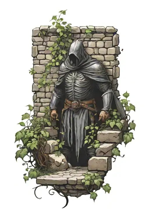 deadknight leaning against a medieval cobblestone wall with creeping vines  tattoo design idea