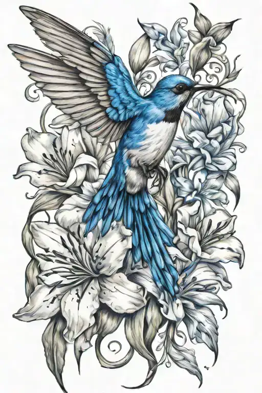 humming bird Lilly flower tulip and blue jay bird tattoo design idea
