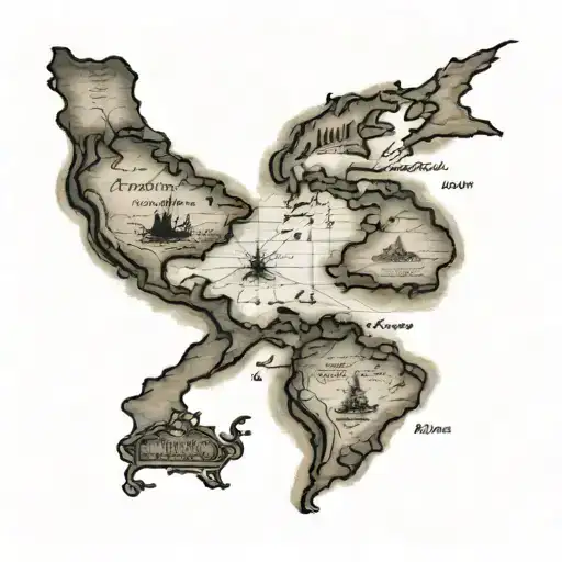 Tattoo on the back of the forearm of a old pirate map of north and South America with Puerto Rico and Dominican Republic tattoo design idea