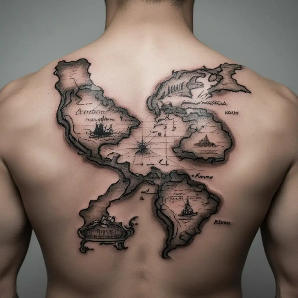 Tattoo on the back of the forearm of a old pirate map of north and South America with Puerto Rico and Dominican Republic tattoo design idea