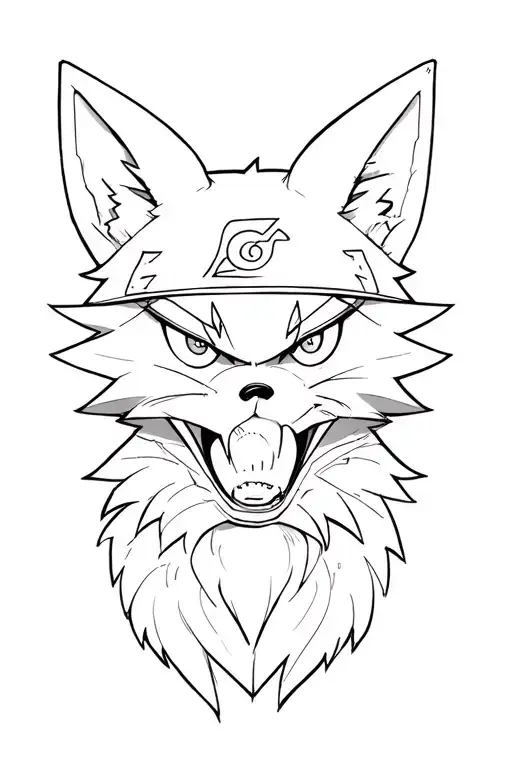 "Anime Style from Naruto" The contour tattoo on which the Assassin-nine-high fox with a sharingan is depicted instead of the eyes, the shouting "eyes" tattoo design idea