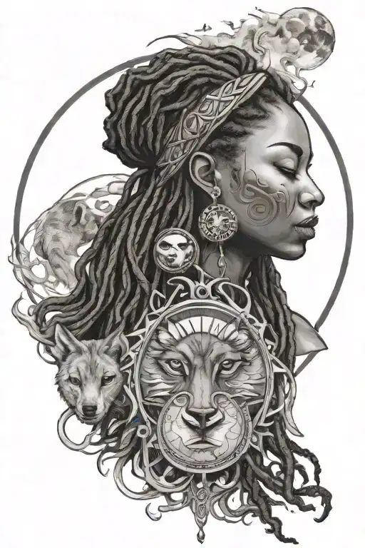 african american mother earth with dreadlocs, bloomingnature,  wolf head, detailed sun and moon with  evil eye tattoo design idea
