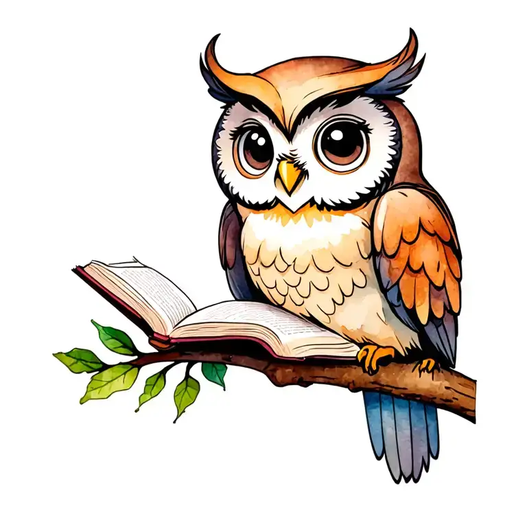 super cute cartoonish Owl reading a book pages, no branch looking head on tattoo design idea