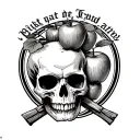 Skull with Apples and crossed Apple pickers, half-circle theme text on top, another Text option below the main graphic tattoo design idea