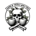 Skull with Apples and crossed Apple pickers, half-circle theme text on top, another Text option below the main graphic tattoo design idea