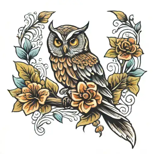 fan flower tattoo with owl perched tattoo design idea