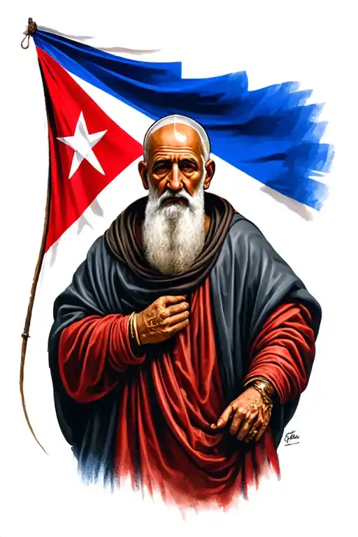 realistic tattoo of older st francis of assasi with the puerto rican flag in the background tattoo design idea