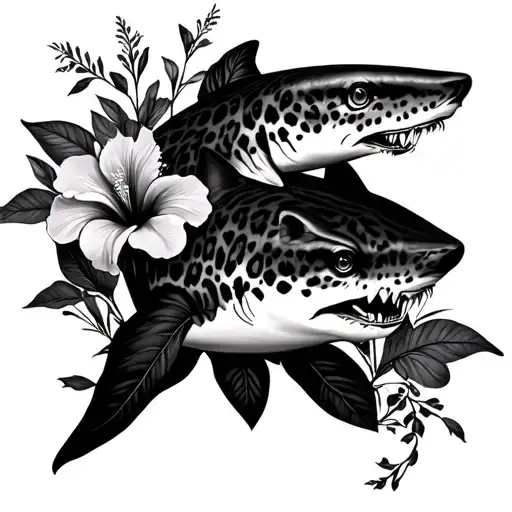 leopard shark and hibiscus flowers tattoo design idea