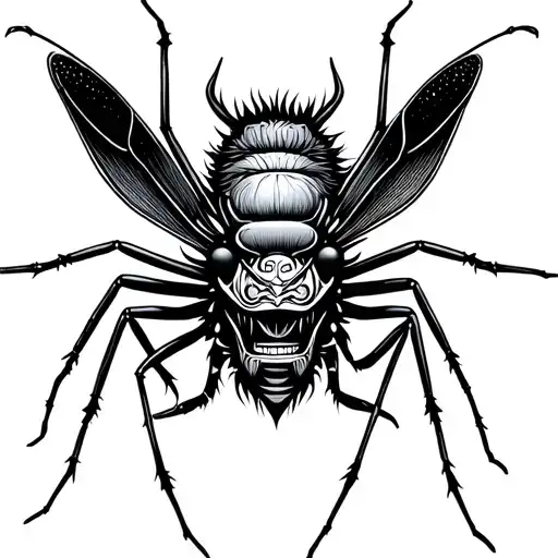 dengue mosquito body with Indonesian barong face style. in diagonal prespective tattoo design idea