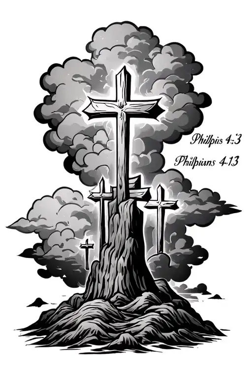 Philipians 4:13 written with 3 crosses under and clouds tattoo design idea