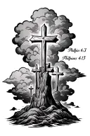 Philipians 4:13 written with 3 crosses under and clouds tattoo design idea