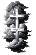 Philipians 4:13 written with 3 crosses under and clouds tattoo design idea