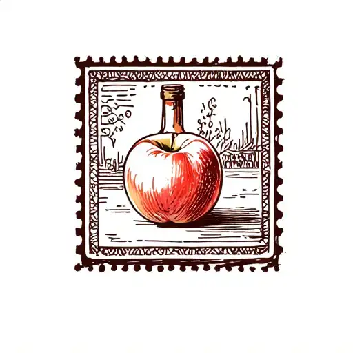 fine line square postage stamp with peach and wine bottle cork inside tattoo design idea