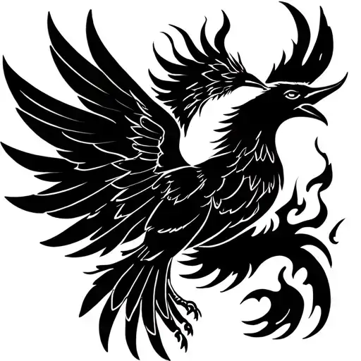 symmetric phoenix bird rising with spread wings and a little fire in the back ground tattoo design idea