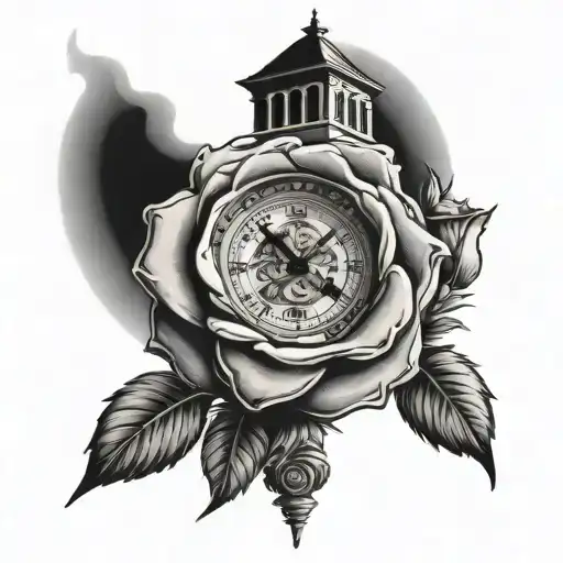 A church clock tower with two roses intertwined tattoo design idea