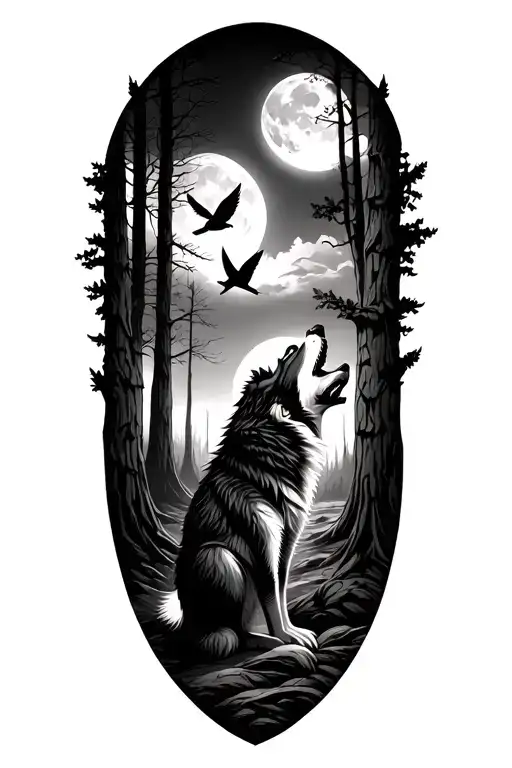 a woods with birds and a wolf howling at the moon tattoo design idea