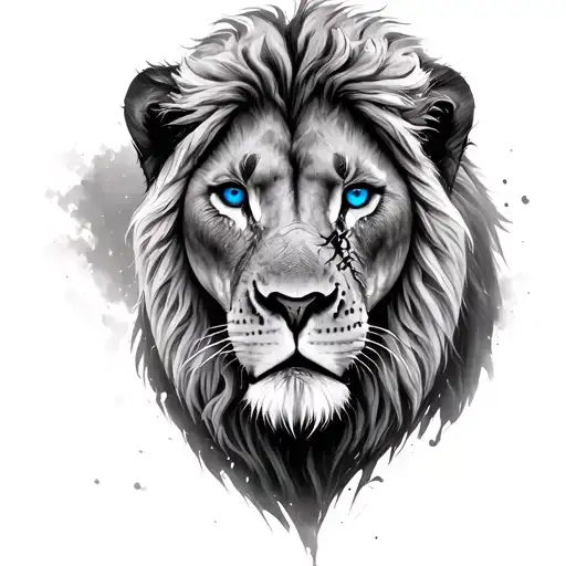 realistic lion with scars and blue eyes l tattoo design idea