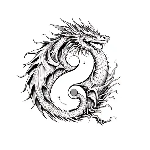Dragon + yin yang black and white symbol tattoo design idea
