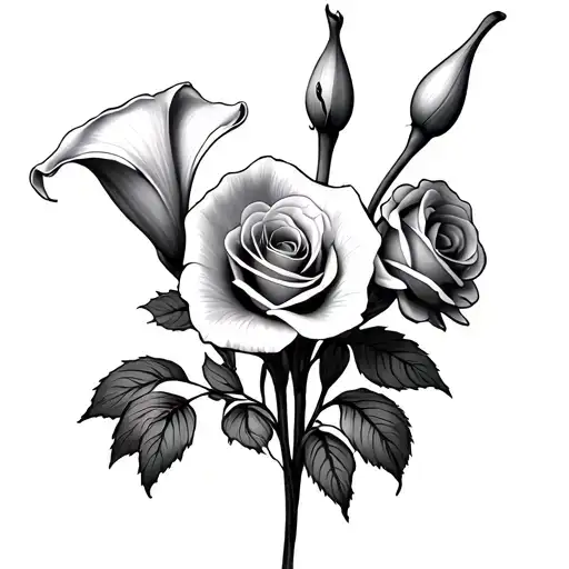 Calla lily, roses, tiny bouquet, 1984 year born, 2010 year born tattoo design idea