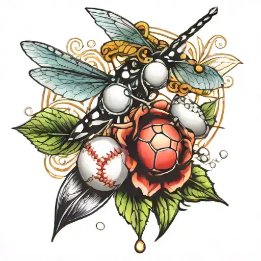 a dragon fly a baseball a soccer ball a pearl tattoo design idea