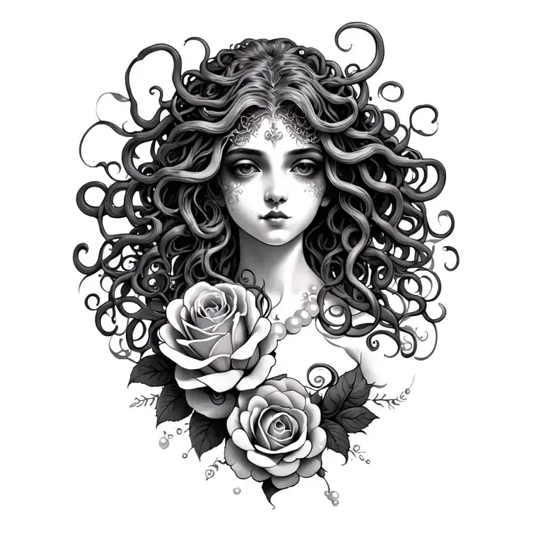 Medusa with pearl n roses tattoo design idea