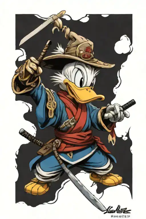 samurai donald duck holding a broken skull tattoo design idea