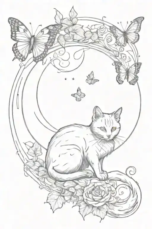 cat butterfly moon  tattoo design idea