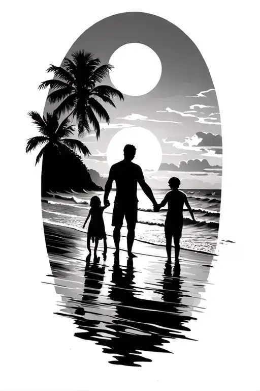 sunset beach scheme black sillhouete.  Girl, Man, Boy holding hands. tattoo design idea