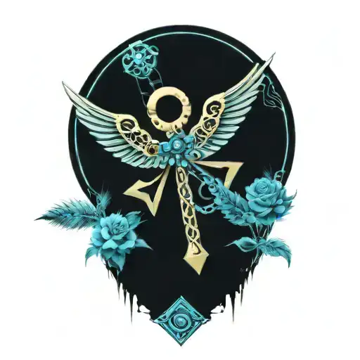 ankh on a bed of roses with blue accent and feathers, eye tattoo design idea