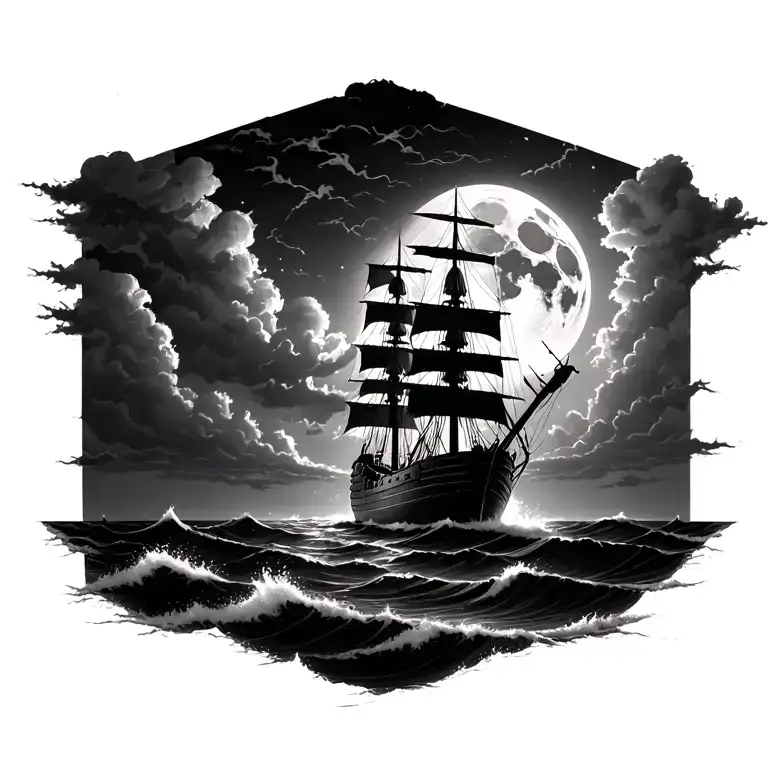 stormy sea with wooden ship moon shining through darkness and clouds realism   tattoo design idea