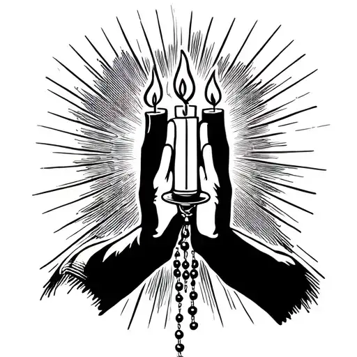 two burning candles on the sides of praying hands holding a rosary with rays in the background  tattoo design idea