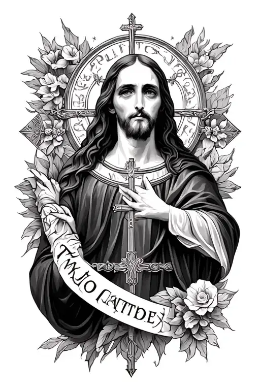 dark catholic sleeve tattoo design idea