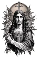 dark catholic sleeve tattoo design idea